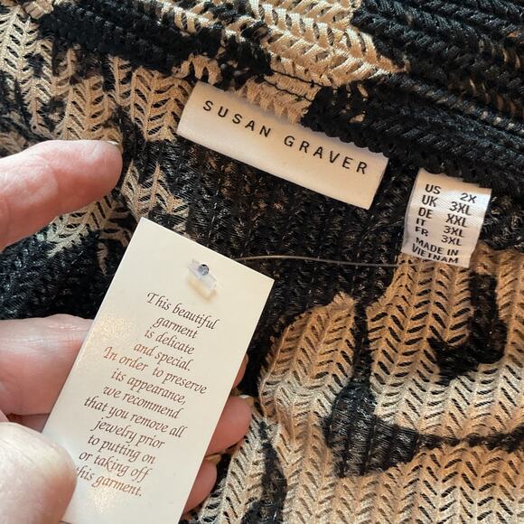 Susan Graver Sheer Open Front Black & Beige Kimono Plus 2X - Picture 3 of 5